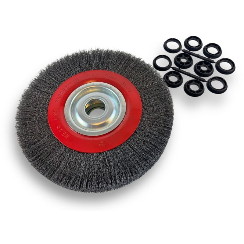 Brosse circulaire acier ø 250 mm Epaisseur 3 rangs Fil dur 0.30 mm ondulé Alésage 32 mm + réducteur bague 25/22/20/16/12 mm Touret meuleuse affûteuse