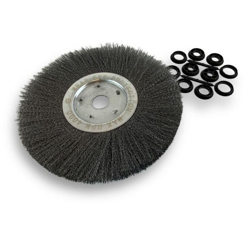 Brosse circulaire acier ø 300 mm Epaisseur 1 rang Fil dur 0.30 mm ondulé Alésage 32 mm + réducteur bague 25/22/20/16/12 mm Touret meuleuse affûteuse