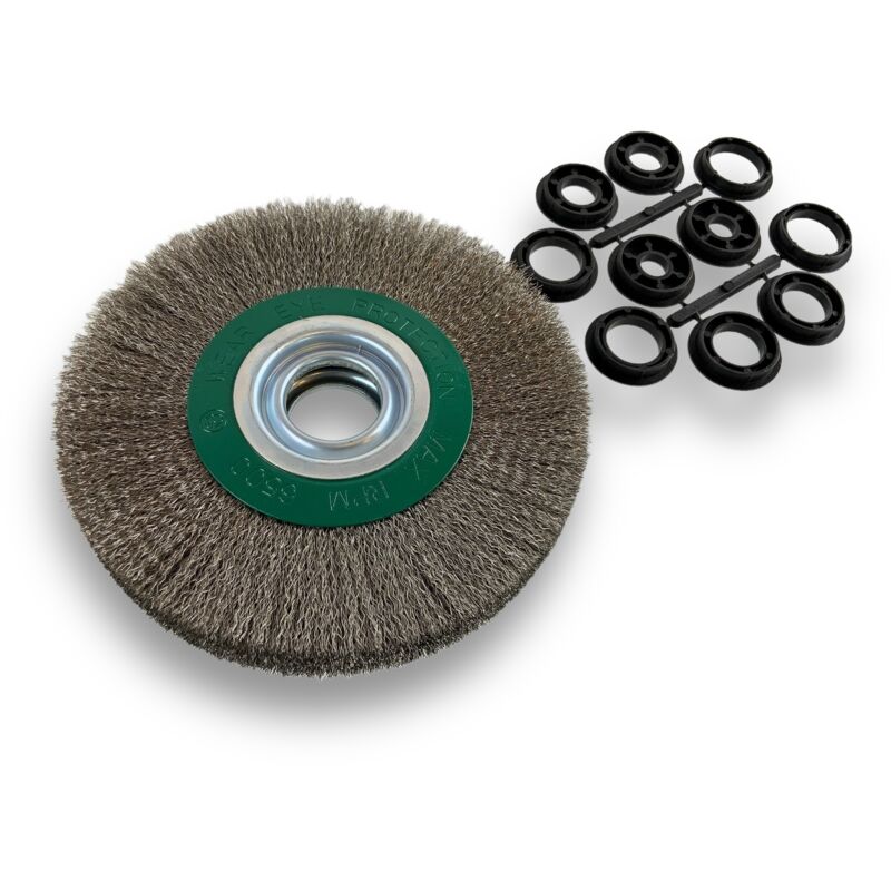 Brosse circulaire inox ø 175 mm Epaisseur 3 rangs Fil souple 0.20 mm ondulé Alésage 32 mm + réducteur bague 25/22/20/16/12 mm Touret meuleuse
