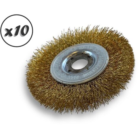 Lot de 10 brosses circulaires LAITON  Ø 100 mm  Epaisseur 1 rang  Fil dur 0.30 mm ondulé  Alésage 16 mm  Touret meuleuse affûteuse ponceuse  Brossage décapage polissage  Kibros 214101LTx10