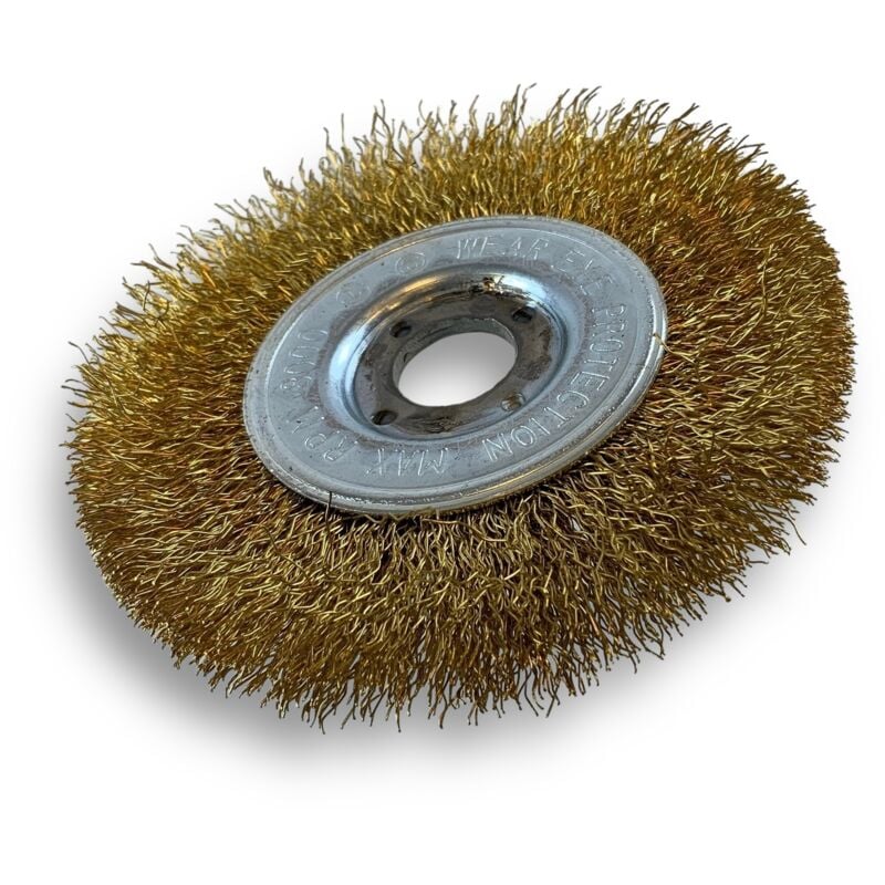 Brosse circulaire laiton ø 100 mm Epaisseur 1 rang Fil souple 0.20 mm ondulé Alésage 16 mm Touret meuleuse affûteuse ponceuse Brossage décapage