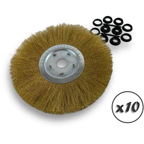 Lot de 10 brosses circulaires LAITON  Ø 300 mm  Epaisseur 1 rang  Fil souple 0.20 mm ondulé  Alésage 32 mm + réducteur bague 25/22/20/16/12 mm  Touret affûteuse ponceuse  Kibros 211301LVx10
