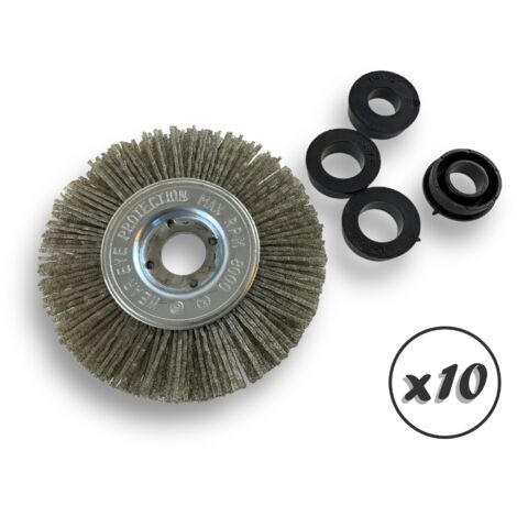 Lot de 10 brosses circulaires NYLON Abrasif  Ø 100 mm  Epaisseur 1 rang  Carbure de silicium Grain 80  Alésage 16 mm  Touret meuleuse ponceuse  Brossage décapage  Kibros 214101KR80x10