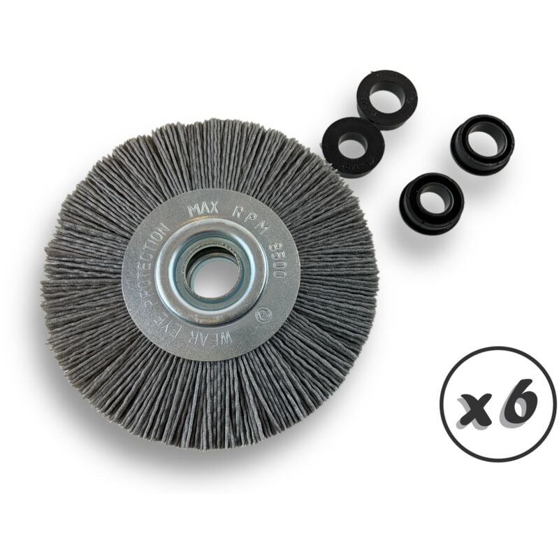 Lot de 6 brosses circulaires nylon Abrasif ø 125 mm Epaisseur 3 rangs Carbure de silicium Grain 120 Alésage 16 mm Touret meuleuse ponceuse Brossage