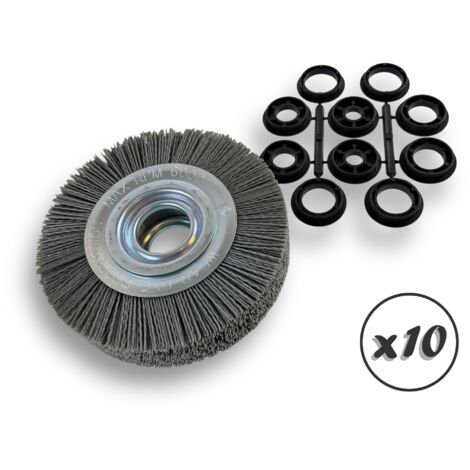 Lot de 10 brosses circulaires NYLON Abrasif  Ø 150 mm  Epaisseur 3 rangs  Carbure silicium Grain 120  Alésage 32 mm + réducteur bague 25/22/20/16/12 mm  Touret ponceuse  Kibros 235153KR120x10