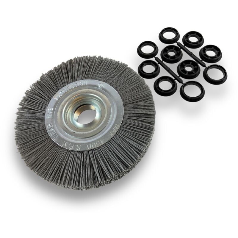 Brosse circulaire NYLON Abrasif Ø 200 mm Epaisseur 2 rangs Carbure de silicium Grain 120 Alésage 32 mm + réducteur bague 25/22/20/16/12 mm Touret