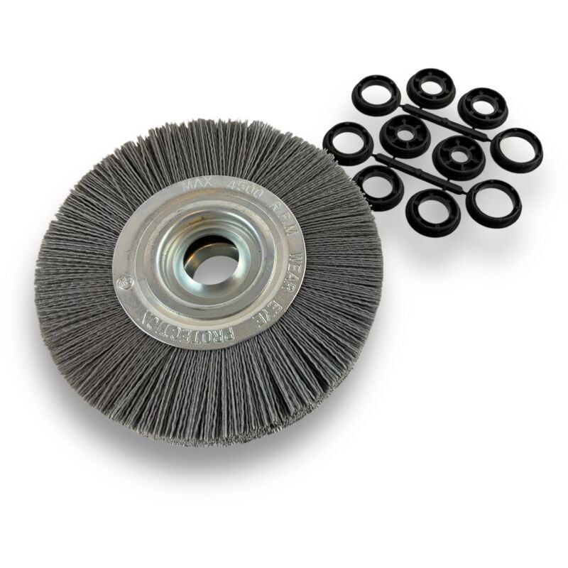 Brosse circulaire NYLON Abrasif Ø 200 mm Epaisseur 3 rangs Carbure de silicium Grain 120 Alésage 32 mm + réducteur bague 25/22/20/16/12 mm Touret