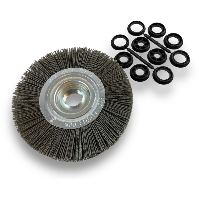 Brosse circulaire nylon Abrasif ø 200 mm Epaisseur 2 rangs Carbure de silicium Grain 80 Alésage 32 mm + réducteur bague 25/22/20/16/12 mm Touret