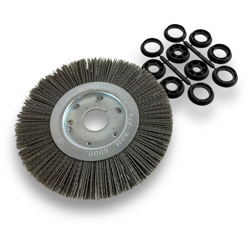 Brosse circulaire nylon Abrasif ø 200 mm Epaisseur 1 rang Carbure de silicium Grain 80 Alésage 32 mm + réducteur bague 25/22/20/16/12 mm Touret
