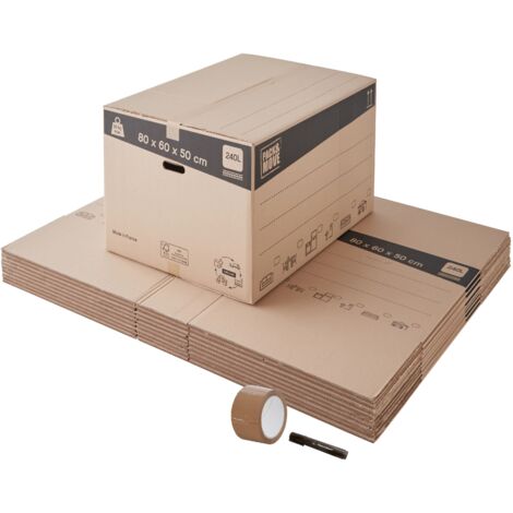 Lot de 10 cartons déménagement XXL avec poignées - 240L, charge max 20kg - made in France + 1 adhésif offert