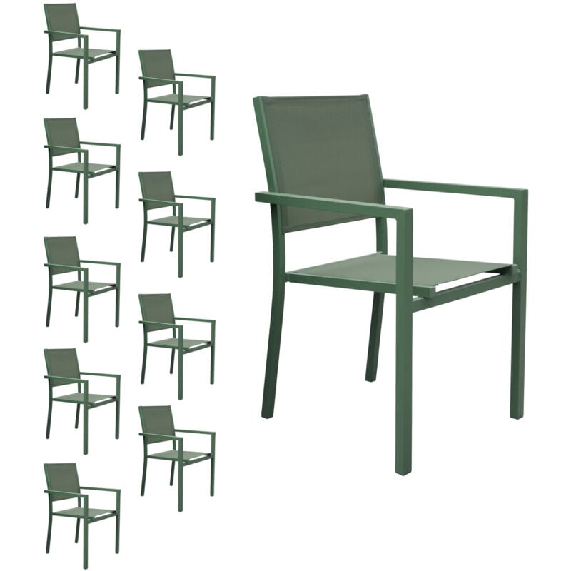 Lot de 10 chaises en aluminium vert sauge - textilène vert sauge - Happy Garden