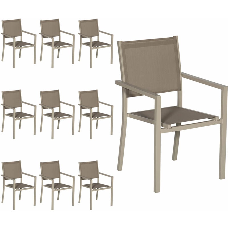 Lot de 10 chaises en aluminium taupe - textilène taupe - brown