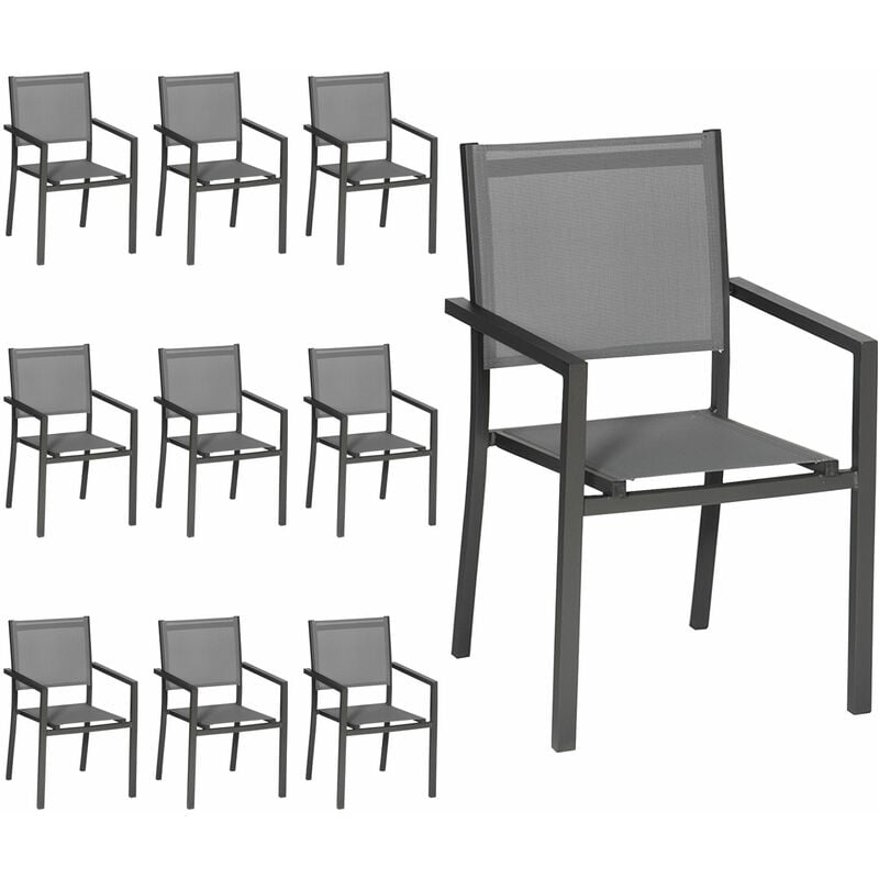 Happy Garden - Lot de 10 chaises en aluminium anthracite - textilène gris