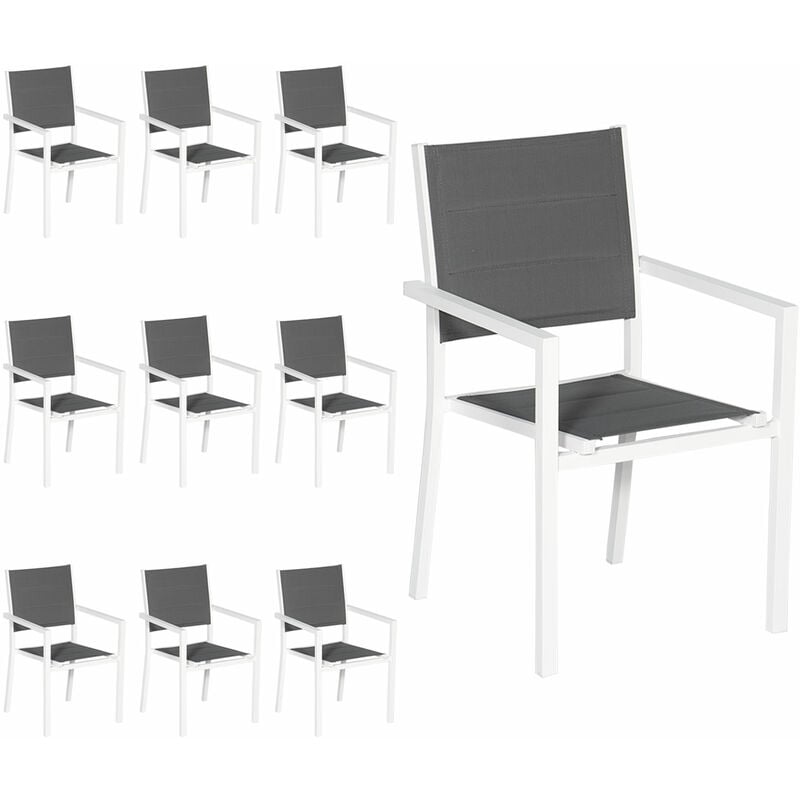 Lot de 10 chaises rembourrées en aluminium blanc - textilène gris - grey