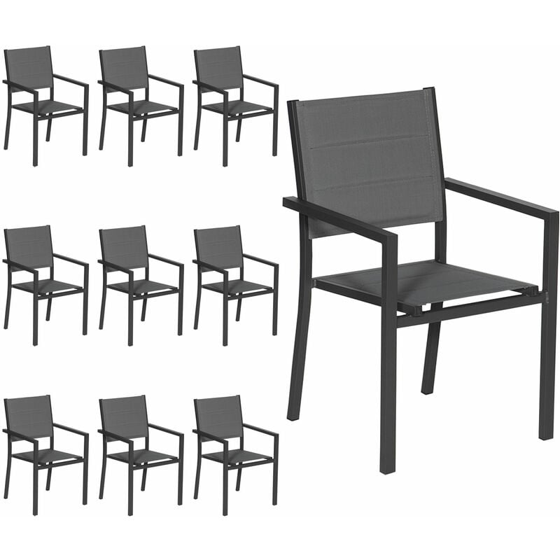 Happy Garden - Lot de 10 chaises rembourrées en aluminium anthracite - textilène gris