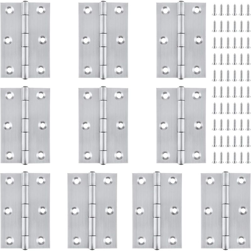 Lot de 10 charnières de porte en acier inoxydable, charniere porte placard - 75 mm - Pliables - Avec 60 vis - Pour armoires, fenêtres, portes
