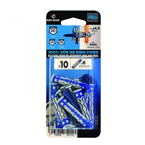 Lot de 10 chevilles 8mm x 50mm – Pour murs creux et pleins – Charge jusqu'à 90kg – Installation avec visseuse ou tournevis – Red Head