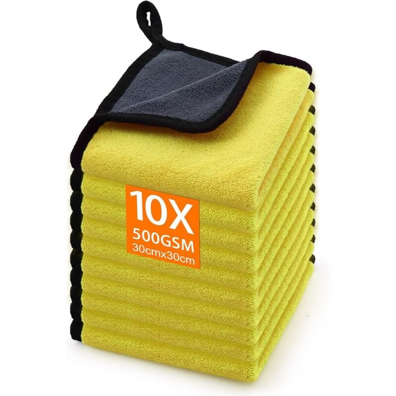Lot de 10 chiffons de nettoyage en microfibre pour voiture, 500 g/m², chiffons de nettoyage pour voiture, non pelucheux, hautement absorbants, pour