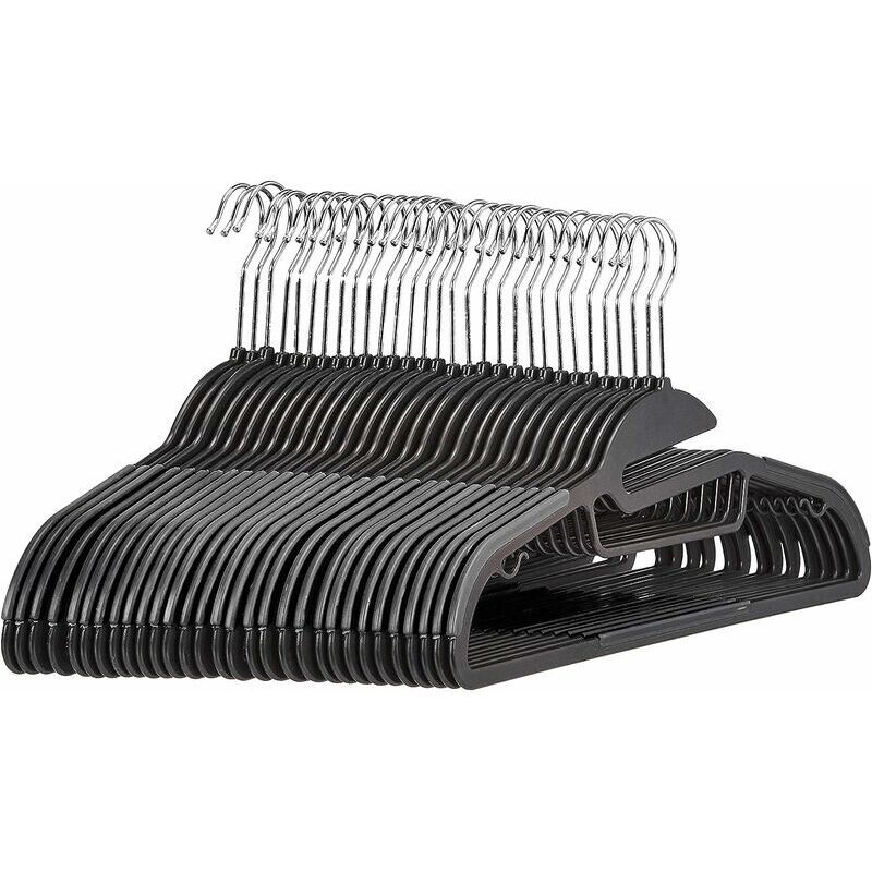 Lot de 10 cintres en plastique antidérapants ultra résistants avec caoutchouc et barre horizontale, noir