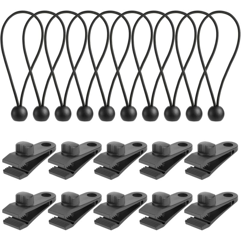 Lot de 10 clips de bâche robustes avec 10 tendeurs de bâche avec boule, clips de tente, pinces en linoléum, tendeurs en caoutchouc, tendeurs de