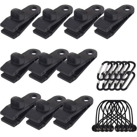 Lot de 10 Clips de bâche Support de bâche pour extérieur avec Attache en Toile et Cordon élastique + Mousqueton en Forme de D pour bâches, auvents, Camping, Caravane, couvertures de Voiture