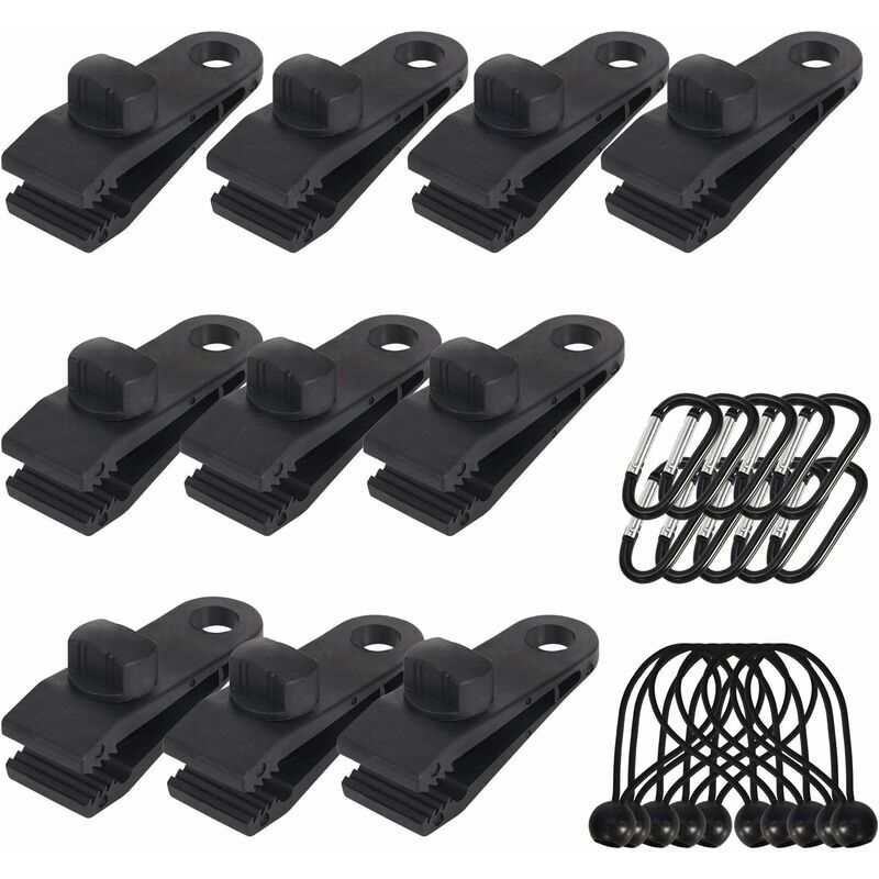 Ontway - Lot de 10 Clips de bâche Support de bâche pour extérieur avec Attache en Toile et Cordon élastique + Mousqueton en Forme de d pour bâches,