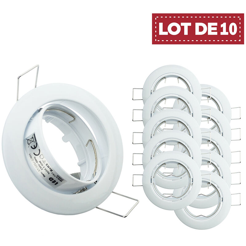 Lot de 10 Collerettes supports d'encastrement Spot led GU10 / MR16 Orientable 30° blanc, découpe 75mm Digilamp