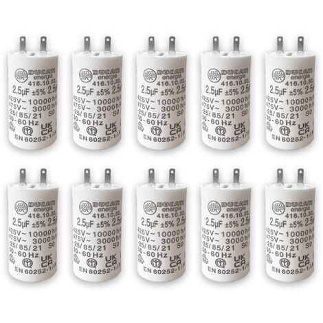 Lot de 10 – Condensateurs 2,5 µF pour moteur de volet roulant et store électrique – Compatible SOMFY, SIMU, NICE – Forme cylindrique – 2 cosses Faston 2,8 mm – 450V – 6Nm