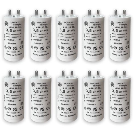 Lot de 10 – Condensateurs 3,5 µF pour moteur de volet roulant ou store – Compatible SOMFY, SIMU, NICE – Cylindrique – 2 cosses Faston 2,8 mm – 450V – Usage professionnel