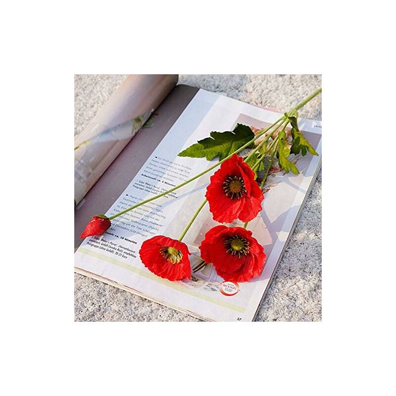 Lot de 10 coquelicots artificiels rouges en soie avec grande fleur réaliste pour décoration de jardin et de mariage - Rouge H120