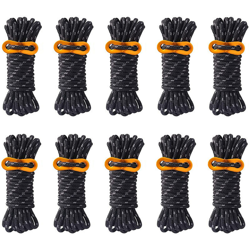 Lot de 10 cordes de camping réfléchissantes de 4 mm avec tendeurs de tendeur en aluminium pour tente de randonnée, bâche, abri d'auvent (noir)