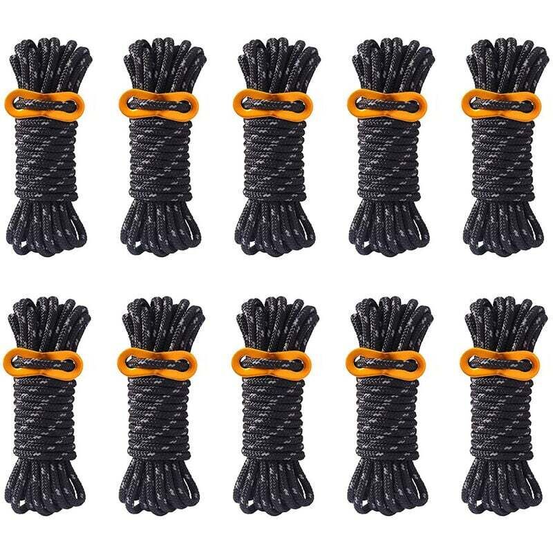 Lot de 10 cordes de camping réfléchissantes de 4 mm avec tendeurs de tendeur en aluminium pour tente de randonnée, bâche, abri d'auvent (noir)