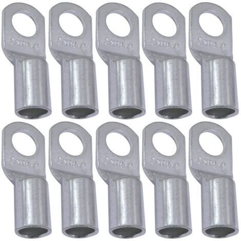 Lot de 10 Cosses Electriques à Oeillet Tubulaire - Oeil - Ø6mm - Non Isolées - pour Conducteur 16mm² - Connecteur de Fil Electrique - Serrage - Couleur Argent