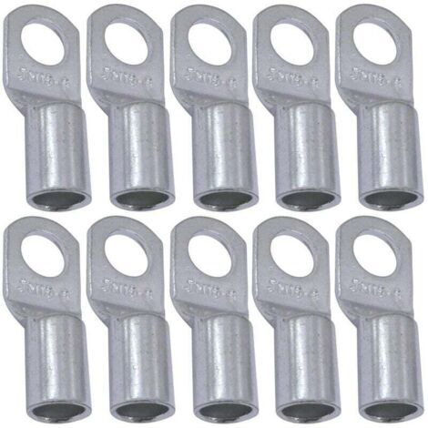 Lot de 10 Cosses Electriques à Oeillet Tubulaire - Oeil - Ø6mm - Non Isolées - pour Conducteur 16mm² - Connecteur de Fil Electrique - Serrage - Couleur Argent