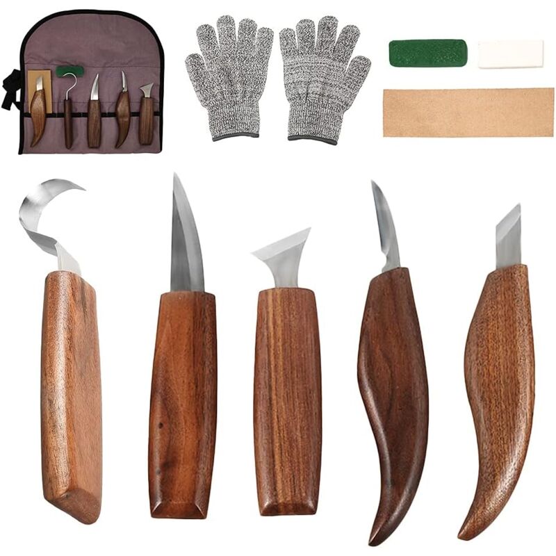 Lot de 10 couteaux à sculpter sur bois pour débutant, ensemble d'outils pratiques résistants aux coupes, gants, cuillère, couteau à sculpter, couteau