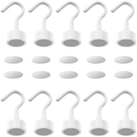Lot de 10 Crochet Aimanté, Crochets magnétiques en néodyme 2 kg, crochet aimanté puissant pour réfrigérateur, micro-ondes, Cuisine, Salle Bain, Garage ou Bureau Blancs -