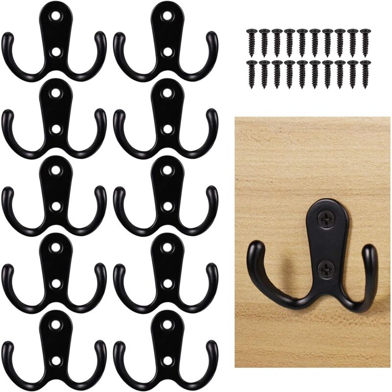 Lot de 10 Crochet de Manteau, Crochet de Portemanteau Mural Noir, Double Crochet de Manteau avec Vis de Montage, Patère Mural Noire, Crochet de Salle