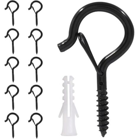 Lot de 10 Crochets à Vis, Piton à Visser Noir,Crochets à Visser en Acier Inoxydable,Avec Boucle de Sécurité Crochet de Plafond Bois,pour Extérieur, Jardin, Plantes, Mangeoires à Oiseaux, Lanternes