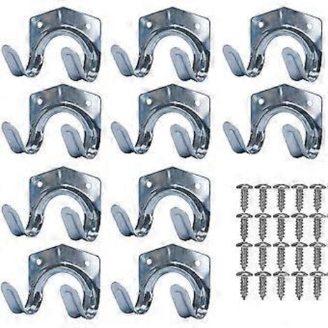 Lot de 10 crochets de rangement en métal, porte-outils en tôle d'acier, support mural double en U pour outils de jardin, garage, abri de jardin, entrepôt, ferme, établi