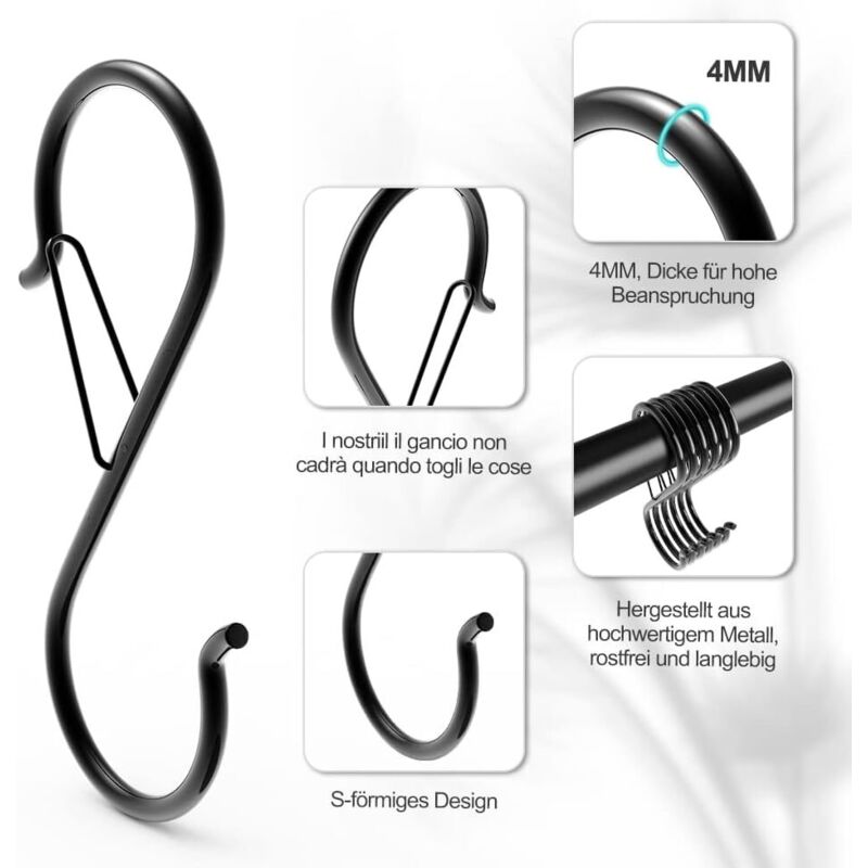 Lot de 10 crochets en S avec boucles de sécurité, acier inoxydable, anti-chute, pour ustensiles et tringles d'armoire, serviettes de bain, noir