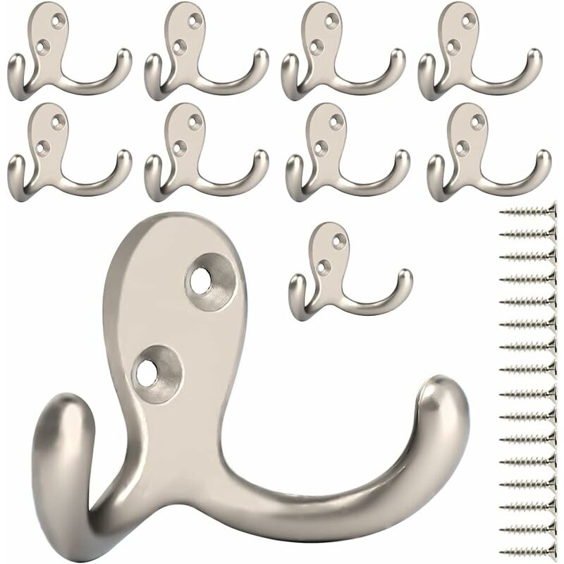 Harry - Lot de 10 crochets à manteau à double broche, crochets à serviette argentés fixés au mur avec 20 vis, crochets en métal pour suspendre