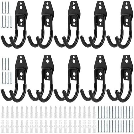 Lot de 10 crochets rangement doubles robustes pour garage - Noir Crochets utilitaires avec vis muraux outils jardin, échelles, articles encombrants