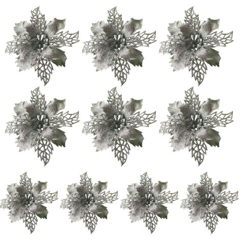 Lot de 10 décorations de Noël argentées à paillettes, en forme de feuilles de houx et de poinsettias artificiels, pour sapin (15 cm de diamètre), couronne de Noël, guirlande, cadeau floral, décoration