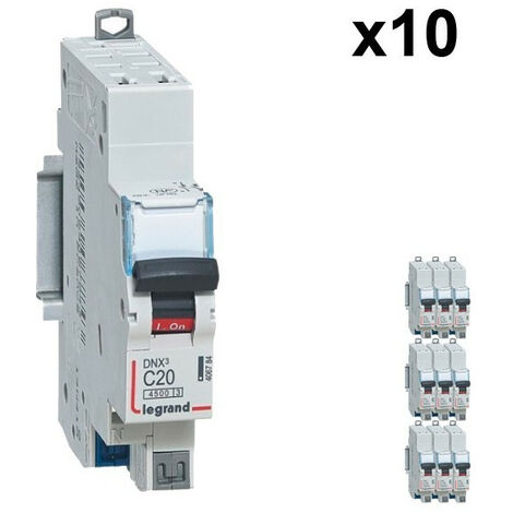 Lot de 10 Disjoncteurs DNX3 4500 - auto/auto - U+N 230V 20A - 4,5kA - courbe C - 1 mod (406784)