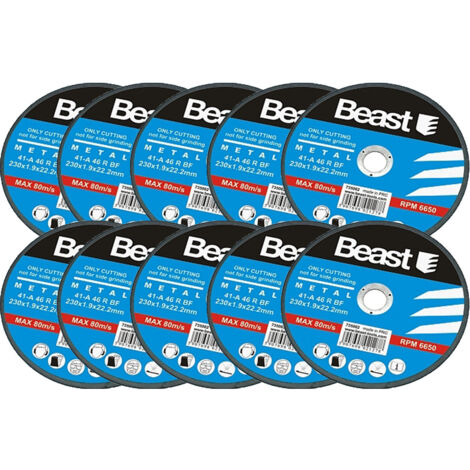 Lot de 10 disques à tronçonner 230mm – Épaisseur 1,9mm – Diamètre de perçage 22,2mm – Pour acier et métaux – Beast