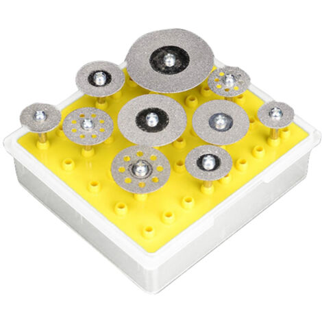 Lot de 10 disques de coupe diamantés avec mandrin de 3 mm, compatibles avec les outils rotatifs Dremel, et livrés dans une boîte de rangement.