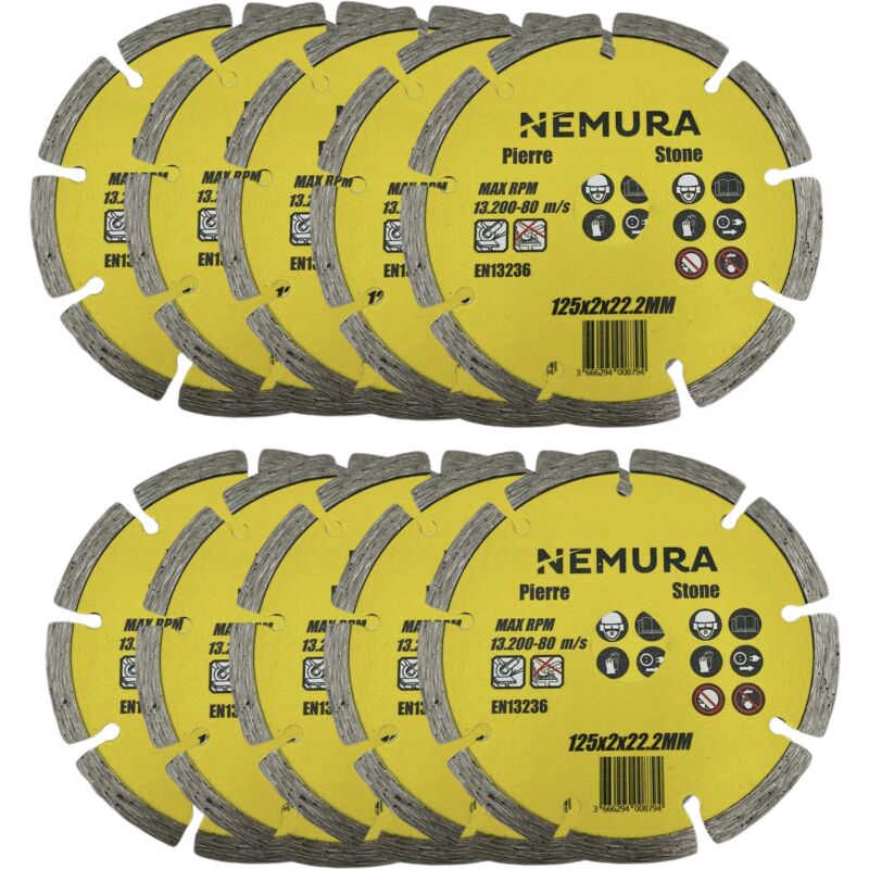 Lot de 10 disques diamant 125mm pour béton pierre et brique (125 X 2.0 X 22.2MM)