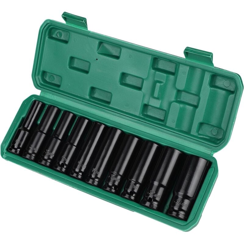 Jusch - Lot de 10 Douilles à Chocs 1/2, Douilles Longues 1/2 10, 12, 13, 14, 15, 16, 17, 19, 22, 24 mm, Douilles à Impact