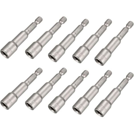 Lot de 10 douilles magnétiques 1/4" avec tige hexagonale - Pour perceuse, visseuse sans fil (7 x 65 mm)