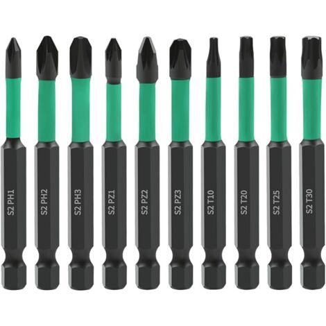 Lot de 10 embouts de tournevis cruciforme PoziDriv Torx - 70 mm de long - Embouts magnétiques à tige hexagonale 1/4" - Embouts cruciformes Pozi Torx - En acier S2
